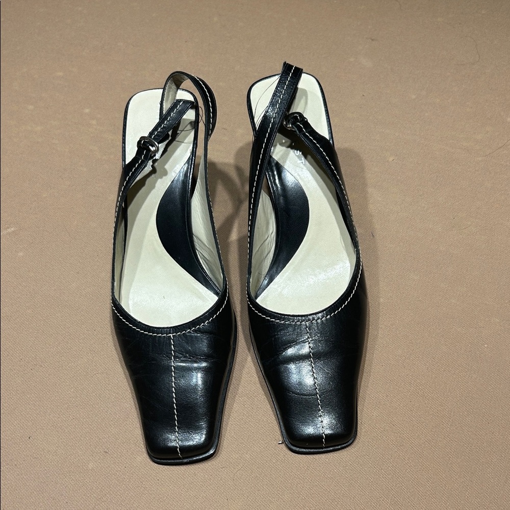 Nine West Black Leather Slingback Square-Toe Heels